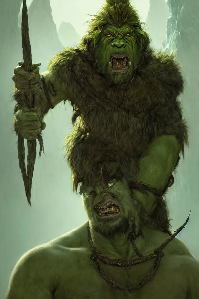 Image similar to portrait of a druidic green mountain orc, looking at camera, d & d, savage warrior, fur attire, aztec hair, large noses, intricate, fantasy, extremely detailed, digital painting, artstation, concept art, smooth, sharp focus, illustration, ambient lighting, art by artgerm and greg rutkowski and alphonse mucha and simon stalenhag