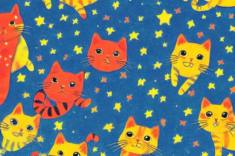 Prompt: night starry sky full of cats, by lous wain and richard scarry