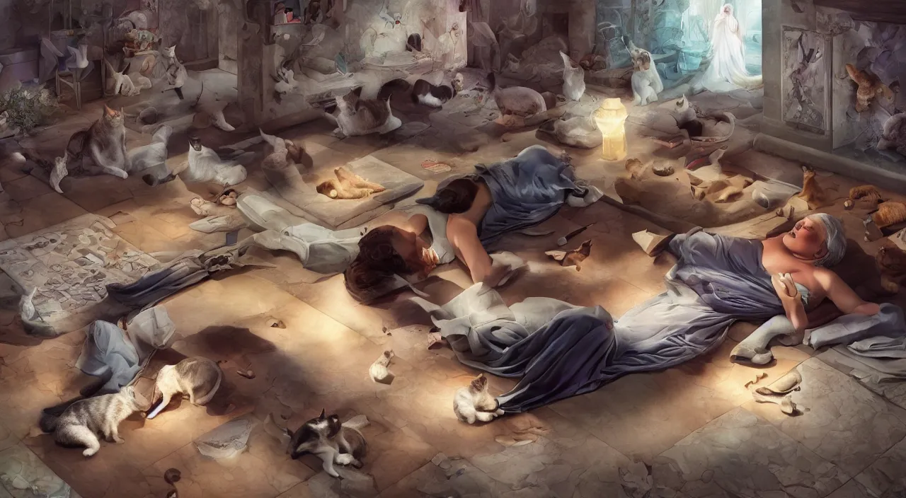 Image similar to a matte painting of old lady laying on a floor surrounded by cats by Frank Lloyd Wright and Zaha Hadid torch volume light stylized illustration digital airbrush painting, 3d rim light, hyperrealistic masterpiece, artstation, cgsociety, kodakchrome, golden ratio
