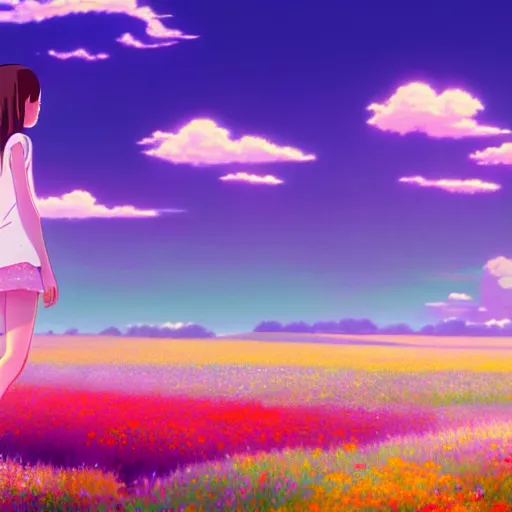 Image similar to a beautiful ultra - detailed panorama of a girl walking through a field of colorful flowers by beeple, studio ghibli, makoto shinkai, wallpaper, highly detailed, trending on artstation, anime