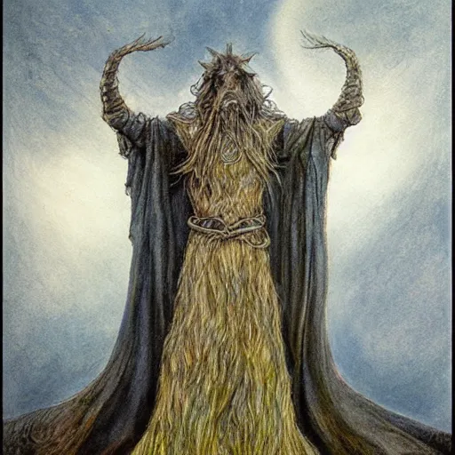 Image similar to painting in the style of artstation of a druid standing alone at the beginning of time by alan lee and brian froud