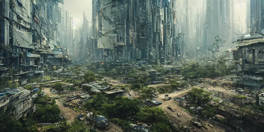 Image similar to beautiful nature reclaiming a dystopian city, cyberpunk, sharp focus, dynamic lights, still, photograph, hyper realistic, masterpiece, octane render, rendered, 3 d, cinematic, cinematic lighting, dramatic lighting, highly detailed, intricate details, texture, cinematic composition, wide shot, by donglu yu and kevin jick and eddie del rio