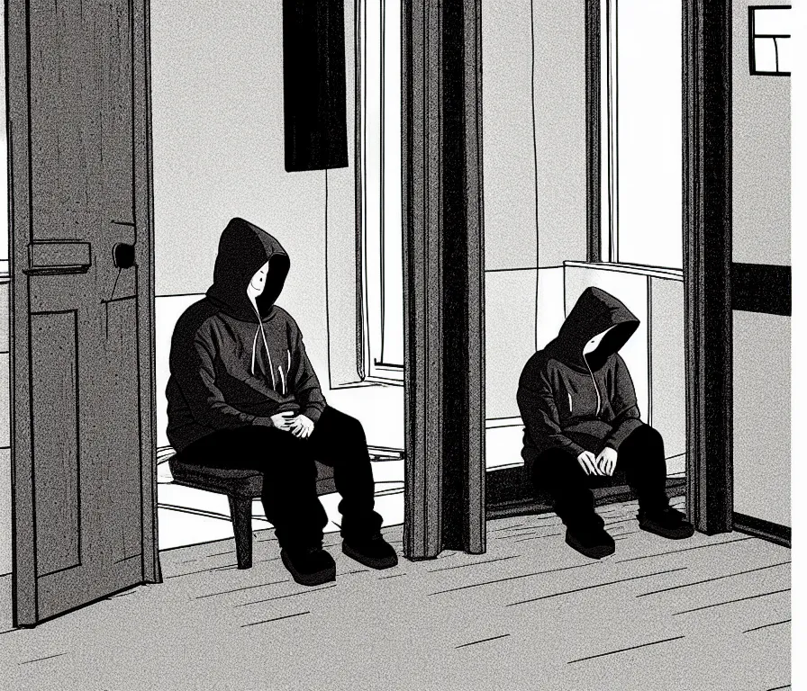 Image similar to todd solondz in hoodie lonely at his empty apartment, knees tucked in | rain falls at night : storyboard, realistic. by gabriel hardman, joe alves, j. todd anderson, chris bonura. cinematic atmosphere, detailed and intricate, perfect anatomy