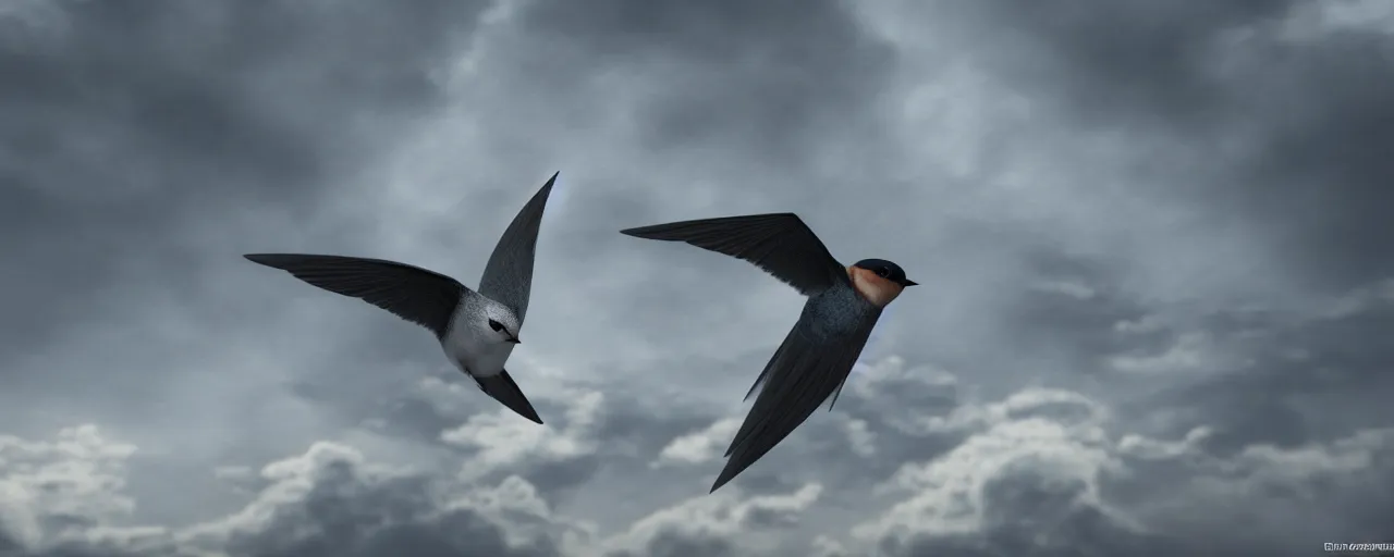 Image similar to a swallow bird flying through the clouds, atmospheric, mist, epic, photorealistic, realistic, rule of thirds, extremely detailed, 4 k, 8 k, unreal engine 5 render, rim lighting, rtx, ray traced lighting, shot on 3 5 mm, film grain