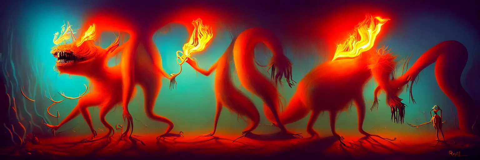 Image similar to whimsical creature freaks from the depths of the collective unconsciouis, dramatic lighting from fire glow, surreal darkly colorful painting by ronny khalil