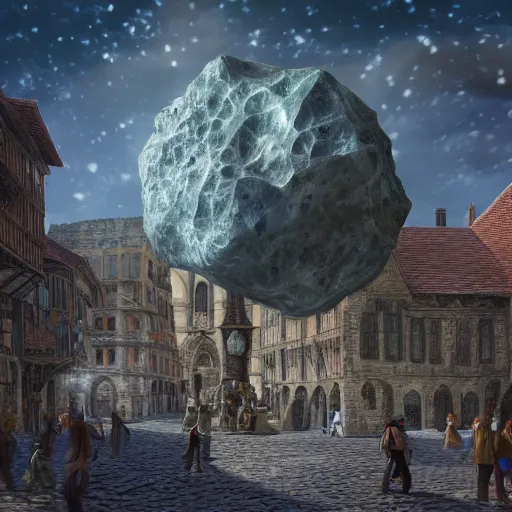 Prompt: A Huge Magical gem meteorite in the middle the plaza of a medieval city, beautiful, concept art, sharp focus, highly detailed, intricate, still, photograph, fantasy, medieval, midday, day, sunny, shimmering, realistic, 8k, award winning, trending on artstation, Dungeons and dragons, tabletop, in the style of Wizards of the coast