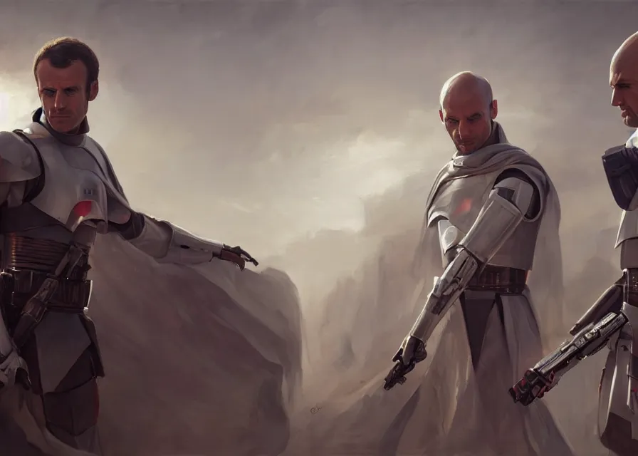 Image similar to painting portrait of Emmanuel Macron dressed as Arcann and as Thexan in Star Wars, sharp focus, waist up, trending on ArtStation, masterpiece, by Greg Rutkowski, by Ross Tran, by Fenghua Zhong, octane, clear eyes, soft render, clear facial features, oil on canvas, moody lighting, cinematic, professional environment concept art