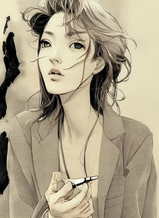 Prompt: portrait of a beautiful girl smoking a cigarette, by takehiko inoue and kim jung gi and hiroya oku, masterpiece illustration, ultrarealistic!!!!!!!!!, perfect face and anatomy, golden ratio
