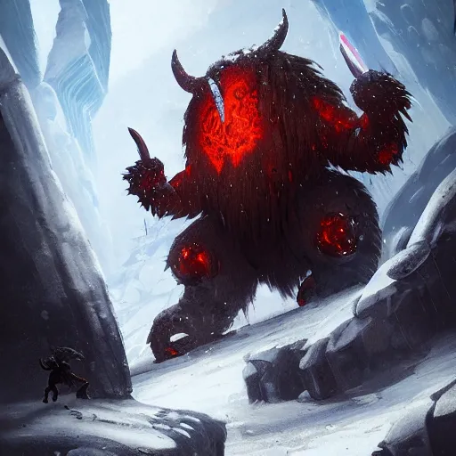 Image similar to ornn with beard the molten god ram of forge with his anvil in the ice world by greg rutkowski