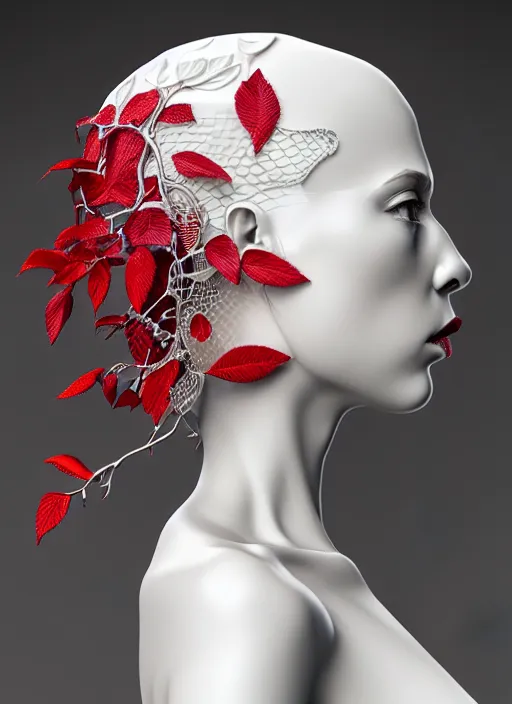 Image similar to complex 3d render ultra detailed of a beautiful porcelain profile young woman face, biomechanical cyborg, 200 mm lens, beautiful studio soft light, rim light, silver white gold red details, magnolia big leaves achromatic and stems, roots, fine foliage lace, mesh wire, Alexander Mcqueen high fashion haute couture, art nouveau fashion embroidered, intricate details, hyper realistic, ultra detailed, mandelbrot fractal, anatomical, facial muscles, cable wires, microchip, elegant, octane render, H.R. Giger style, volumetric lighting, 8k post-production, trending on Artstation