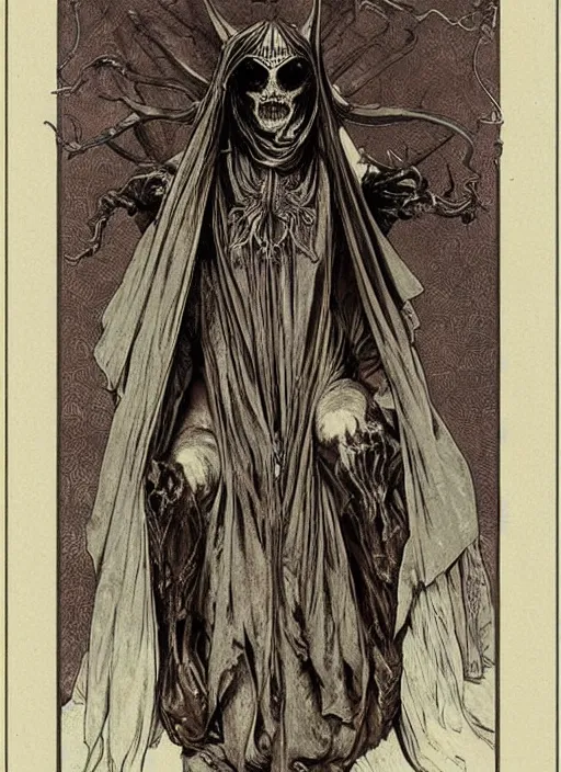 Image similar to cloaked demon oracle wise beautiful woman armor muted fall colors, beautiful face, robes veil jewelry, tentacles exposed bones, horns palace on a throne of bones lithograph, engraving, etching, printmaking, exposed bones, occult, tarot, octane ,caravaggio alphonse mucha, long boney limbs, erroded, rough condition, beautiful