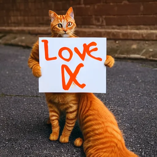 Image similar to cute orange tabby cat holding a sign that says