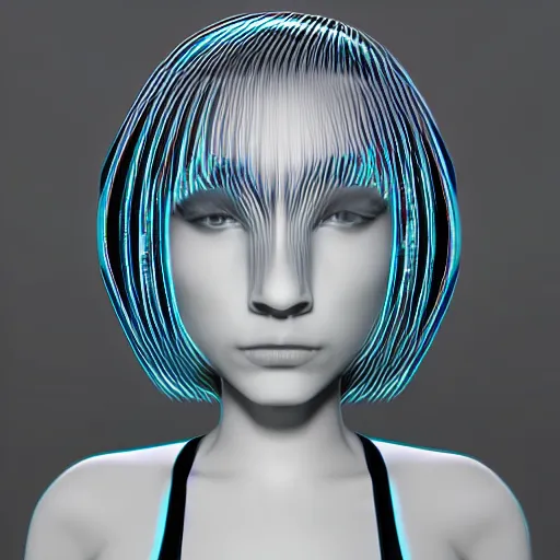 Prompt: holographic detailed minimalistic 3 d girl with a black head sock and glitching eyes