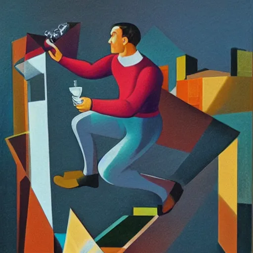 Image similar to artistic rendition of a man jumping in the while holding a bottle, futurism