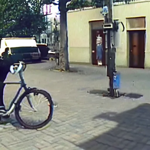 Image similar to security camera footage of jesus stealing a bike, cctv video