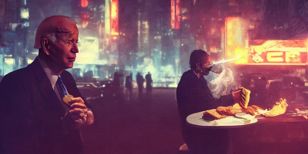 Prompt: joe biden eating a sandwich, smoke, fire, chaos, photo realistic, 8k, artstation, Blade runner, neon, neon signs in the distance, dark, cinematic, high contrast, epic