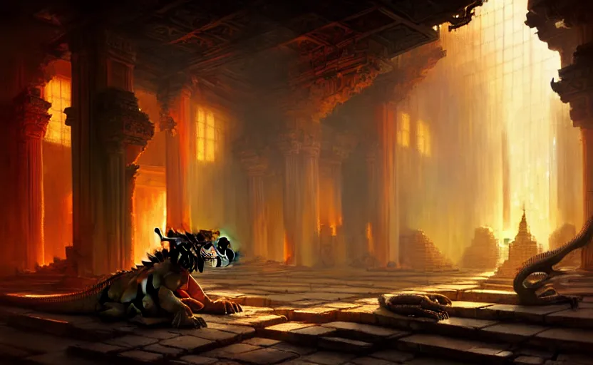 Image similar to The interior of an mytical and ancient temple dragons, in ruins, fire light, a ray of light, intricate, elegant, volumetric lighting, digital painting, highly detailed, artstation, sharp focus, illustration, concept art, ruan jia, steve mccurry