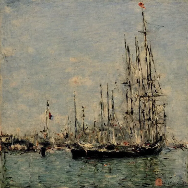 Image similar to a master painting of a big ship docked at the harbor, sharp focus, very detaied, by berthe morisot