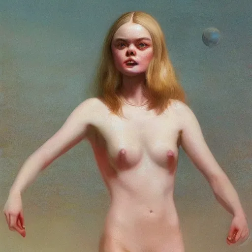 Prompt: ultra realistic extremely detailed elle fanning in prey, art by frank frazetta and michael sowa, roger deakin ’ s cinematography, oil on canvas, 4 k, ultra realistic, highly detailed, epic lighting