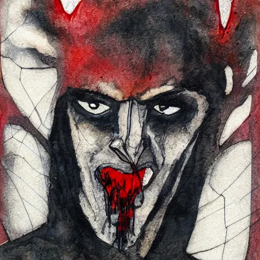 Image similar to comic strip loose, subtle by paul lovering. mixed media art. a large, muscular demon - like creature with wings, standing in a dark, hellish landscape. the creature has red eyes & sharp teeth, & is holding a large sword in one hand.