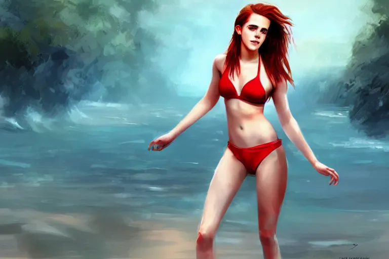 Image similar to Red-haired beauty Emma Watson in a bikini, full body, full height , highly detailed, mid-shot ,pixiv , digital painting , concept art