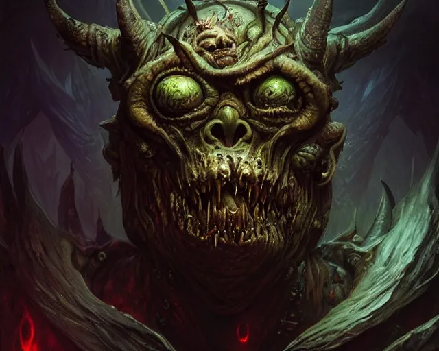 Image similar to 4 k cinematic still portrait of a demon in a dark liminal space room, nurgle rot, deep focus, d & d, fantasy, intricate, repulsive, highly detailed, digital art, art station, concept art, matte, sharp focus, illustration, dark fantasy art, hearthstone, art by artgerm and greg rutkowski and alphonse mucha