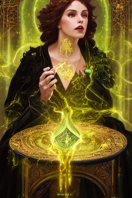 Image similar to a beautiful sorceress wearing a black robe with gold embroidery, sitting at table, casting a spell, green glows, painted by artgerm and tom bagshaw and alphonse mucha, in the style of magic the gathering, highly detailed digital art