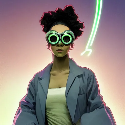 Prompt: a full body character design by artgerm, cushart krenz, greg rutkowski and alphonse mucha. cute african mad scientist neon woman lab coat!! green plasma!!, goggles visor!! bold outline sharp edges. ultra clear detailed. 8 k. ultra detailed, elegant, intricate, octane render. felt!!! texture