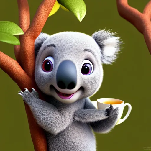 Image similar to cute koala bear holding a tea cup on a tree. pixar disney 4 k 3 d render funny animation movie oscar winning trending on artstation and behance. ratatouille style.