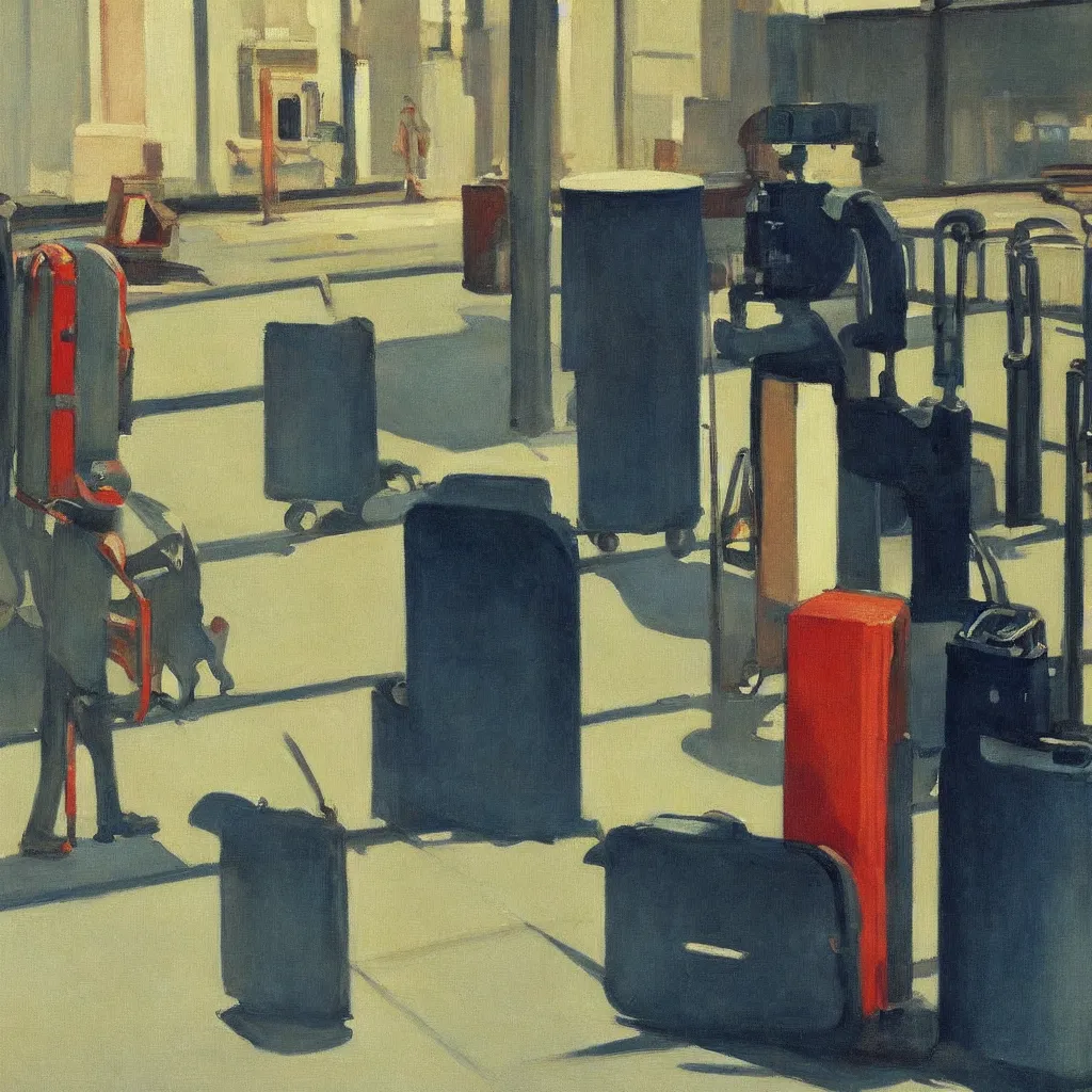 Prompt: a painting of a tin can robot with luggage in new york by Edward Hopper