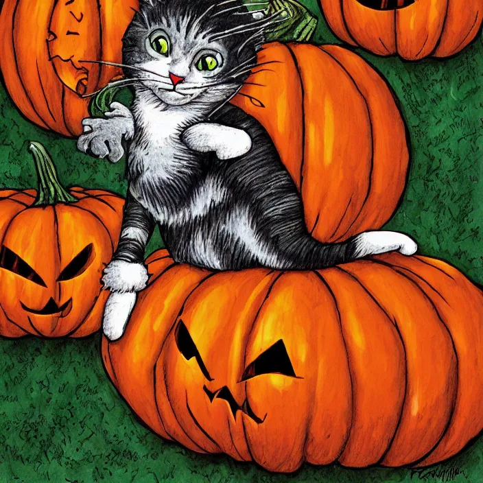 Image similar to cat jumping out of a pumpkin by todd mcfarlane and tim burton