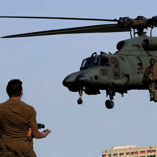 Image similar to Action Horror Cinematic Scene Military Helicopters shooting at Giant Monster in the city