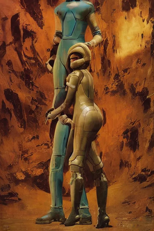 Prompt: pulp scifi fantasy illustration full body portrait of huge martian standing beside elegant woman wearing latex spacesuit, by norman rockwell, jack kirby, bergey, craig mullins, ruan jia, jeremy mann, tom lovell, 5 0 s, astounding stories, fantasy