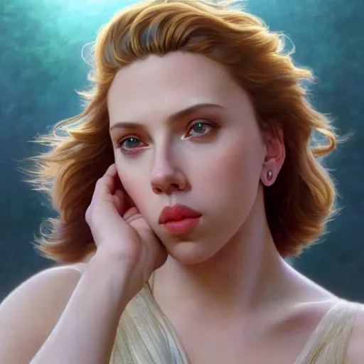 Image similar to young Scarlett Johansson from another dimension, cinematic lighting, intricate, elegant, highly detailed, digital painting, artstation, sharp focus, illustration, art by artgerm and greg rutkowski and alphonse mucha and Wayne Barlowe and william-adolphe bouguereau