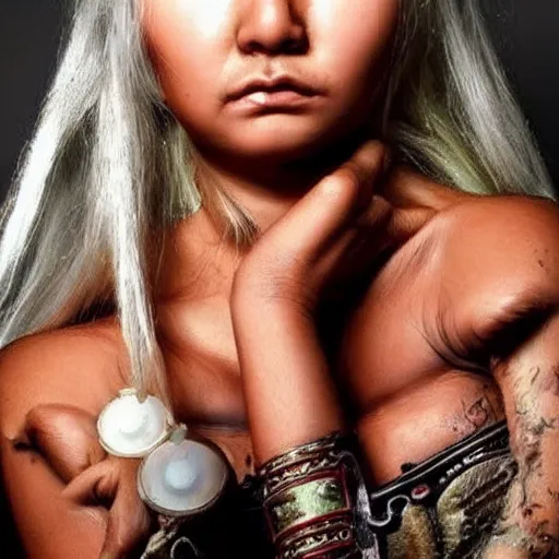 Image similar to hot tribal warrior cute girl big eyes pouty lips tanned skin white hair