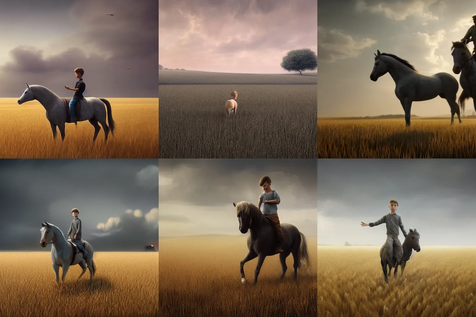 Prompt: boy and grey horse in a wheat fields, sharp focus, fantasy style, octane render, volumetric lighting, 8k high definition, by greg rutkowski, highly detailed, trending on art Station
