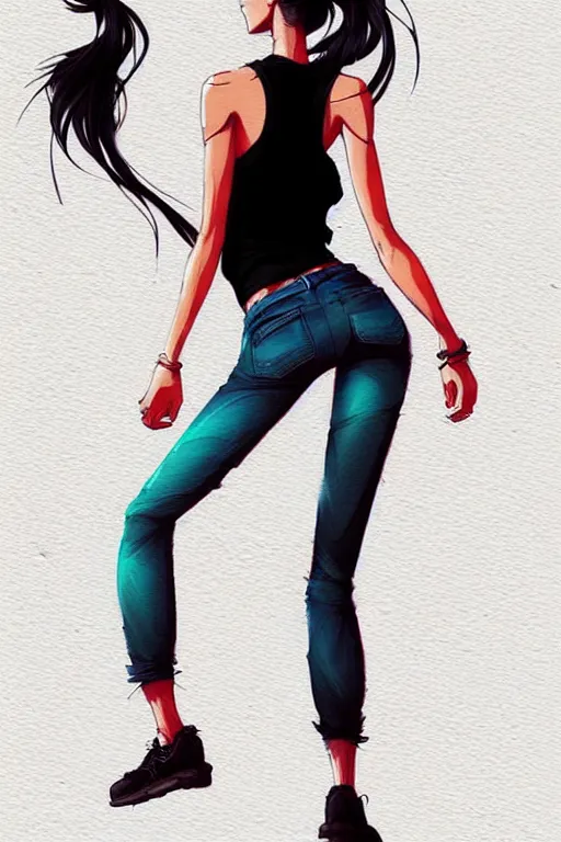 Prompt: a ultradetailed beautiful full body painting of a stylish woman with a ponytail, she is wearing a black tank top and jeans, by conrad roset, greg rutkowski and makoto shinkai trending on artstation