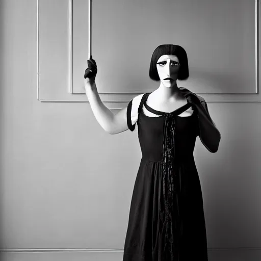 Prompt: old monochrom portrait photography of a beautiful cyclops girl with a single eye wearing a black dress, in a victorian interior, by man ray, alfred ghisoland, gemmy woud - binendijk, erwin olaf, 4 k,