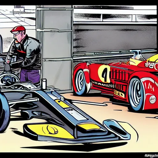 Image similar to formula one mechanic works on car, comic, wide shot, style by patrick brown