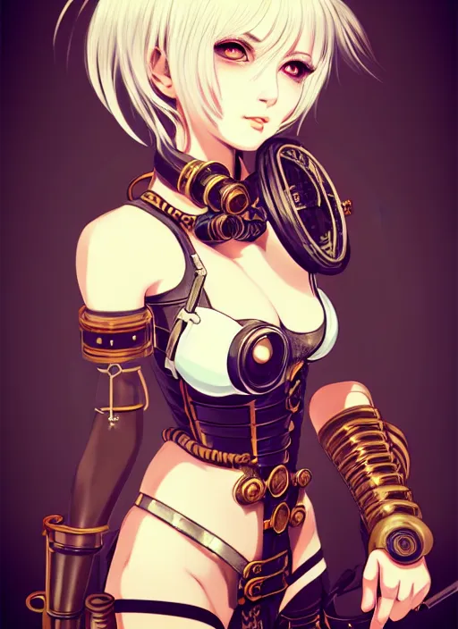 Image similar to portrait Anime girl in steampunk bikini armor, cute-fine-face, white-hair pretty face, realistic shaded Perfect face, fine details. Anime, steampunk, bioshock. realistic shaded lighting by Ilya Kuvshinov and Gustav Klimt