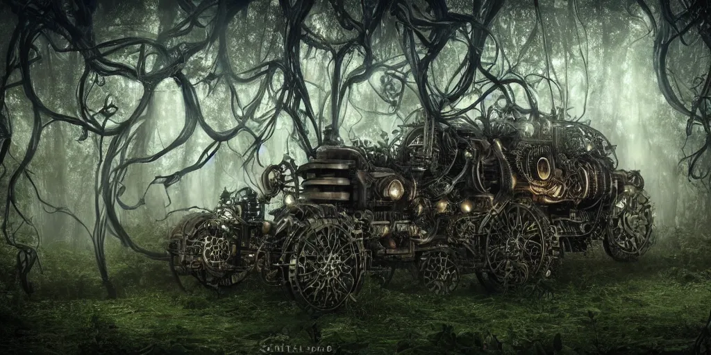 Prompt: magnificent mechanical steampunk vehicle with (((glowing))) lights abandoned in lush forest with vines hanging from tree branches, fog, desaturated, beautiful, creepy ambiance, 4k, sharp focus, highly detailed, artgerm, giger