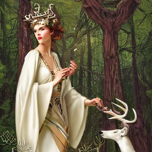 Prompt: Tarot card with a goddess in a forest, with a white deer, magical, in the style of JC Leyendecker, realistic, highly detailed and intricate, 8k
