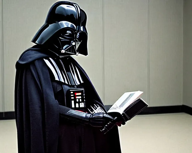 Image similar to a photograph of Darth Vader reading a book about moral philosophy