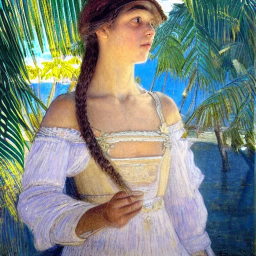 Image similar to a ultradetailed beautiful painting of a girl in the amazonas palace designed by jules bastien - lepage, hans belmer, frank weston and gustave baumann, beach, trending on artstation, mediterranean, palm trees, refracted color sparkles, sharp focus, soft light, 8 k 4 k