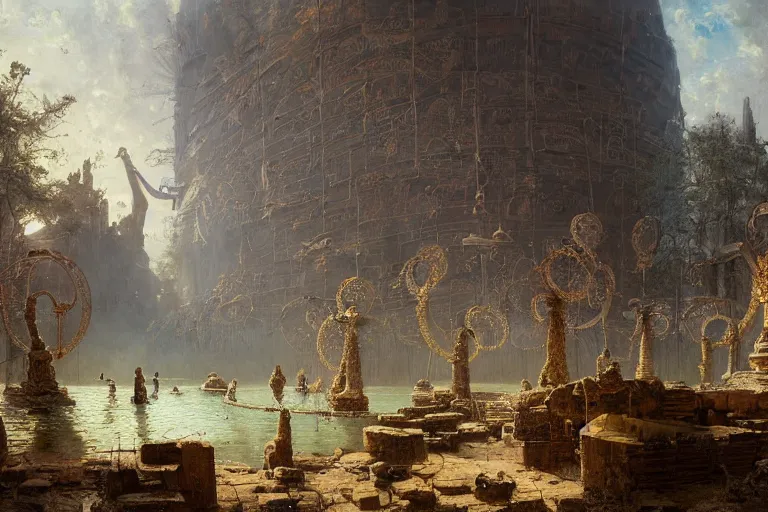 Image similar to detailed painting of a multiverse gateway in ancient mesopotamia in the middle of a sulphur lake, filigree ornaments, andreas achenbach, simon stalenhag