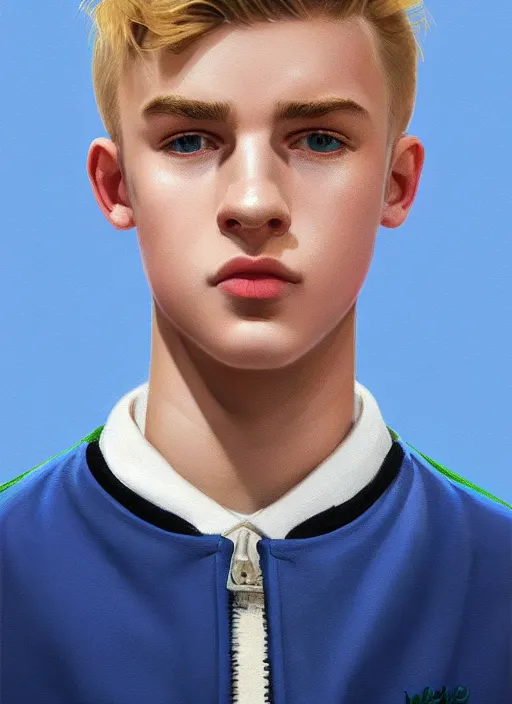 Image similar to portrait of a teenage boy named moose mason, blonde short hair, jock, beefy, square jaw, square facial structure, 1 9 5 0 s, blue varsity jacket, intricate, elegant, glowing lights, highly detailed, digital painting, artstation, concept art, smooth, sharp focus, illustration, art by wlop, mars ravelo and greg rutkowski