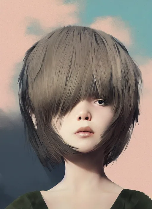 Image similar to little girl with an eccentric haircut wearing an dress made of feathers, artwork made by ilya kuvshinov, full character