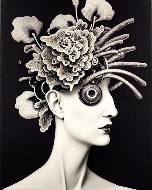 Image similar to masterpiece monochrome profile portrait painting, dutch masters, silver lace floral steampunk biomechanical beautiful one techno eye young female cyborg, big monocular, volumetric light, leaves foliage and stems, hibiscus flowers, by man ray, rim light, big gothic fashion pearl embroidered collar, 8 k