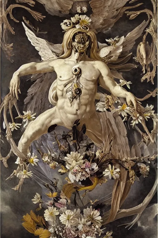 Image similar to A fallen icarus with a giant cyclops eye and golden wings in the form of a Greek sculpture, marble white elk skull, wreath of flowers and abstract eyes, bouquet of bones, many large flying eyes, silk, fabric, birds, flowers. baroque elements, human skull. full-length view. baroque element. intricate artwork by caravaggio. many many birds birds on background. Trending on artstation. halo. octane render, cinematic, hyper realism, octane render, 8k, depth of field, 3D
