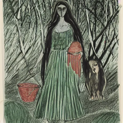 Prompt: ordered dark green by helio oiticica. a drawing of a vasilisa standing in the forest, surrounded by animals. she is holding a basket of flowers in one hand & a spindle in the other. gentle expression. in the background, the forest is dark & mysterious.